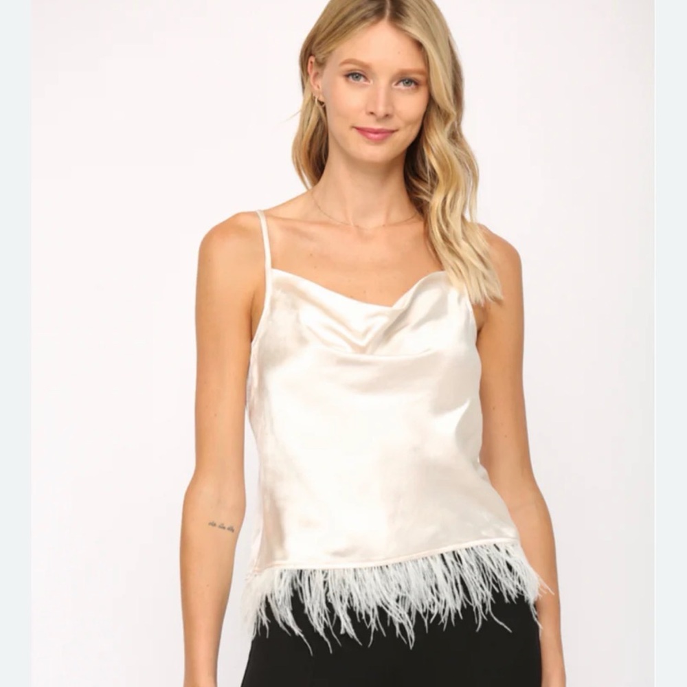 Fate Ivory Satin Feather-Hem Cami